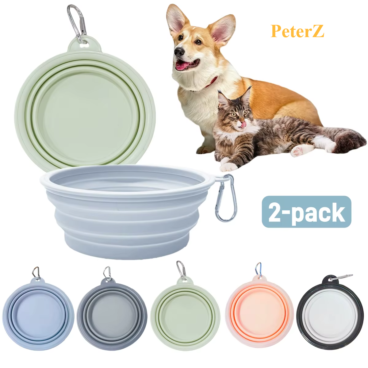2pcs Collapsible Silicone Dog Food & Water Bowl Set with Carabiner Portable Travel Pet Feeder Dish Universal for Outdoor Camping