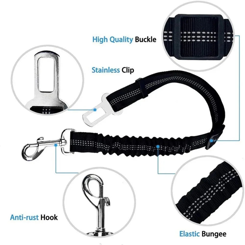 Adjustable Dog Car Seat Belt Harness – Reflective, Padded & Elastic Safety Strap for Comfortable Car Travel