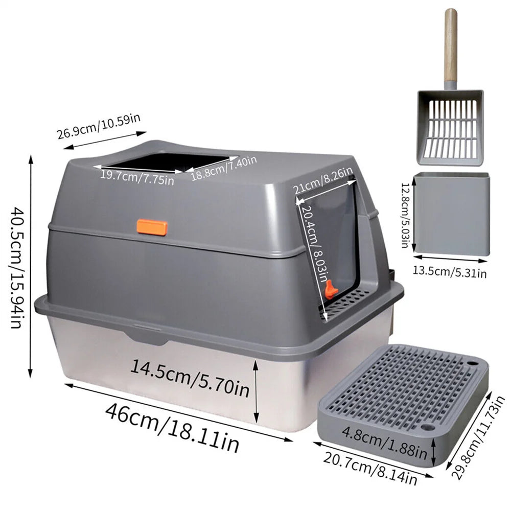 XXL Stainless Steel Cat Litter Box Enclosed Puppy Cat Litter Tray with Lid Large Litter Pan High Wall Side Easy Cleaning Toilet
