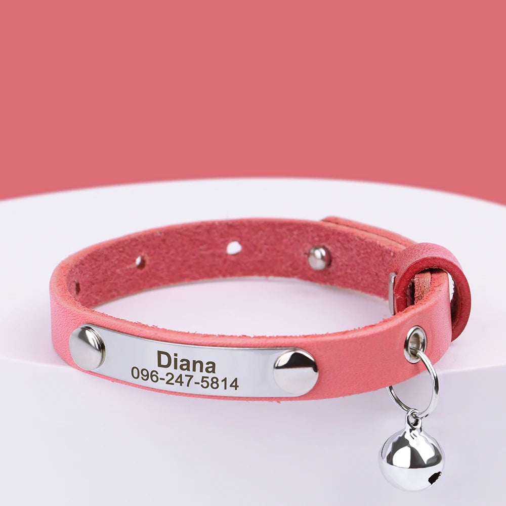 Cat Collar Adjustable Leather Pet Cats Collars Necklace Custom Puppy Kitten Name Collars Anti-lost Cat Accessories