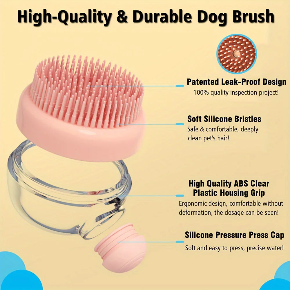 Deluxe Silicone Bristle Dog Bath Brush with Soap Dispenser - Gentle Massage Shampoo Brush