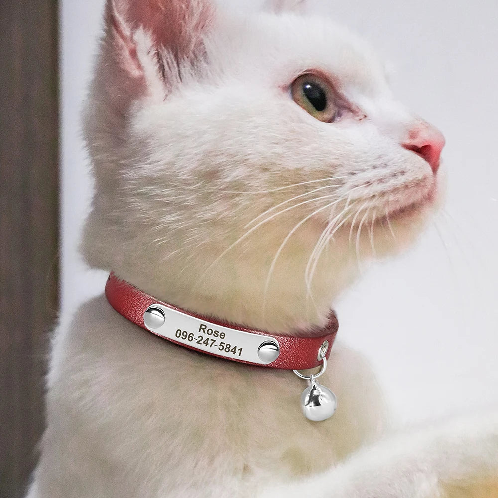 Cat Collar Adjustable Leather Pet Cats Collars Necklace Custom Puppy Kitten Name Collars Anti-lost Cat Accessories