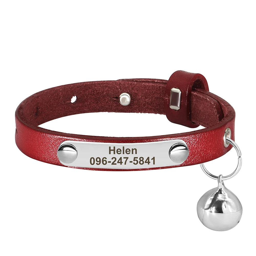 Cat Collar Adjustable Leather Pet Cats Collars Necklace Custom Puppy Kitten Name Collars Anti-lost Cat Accessories