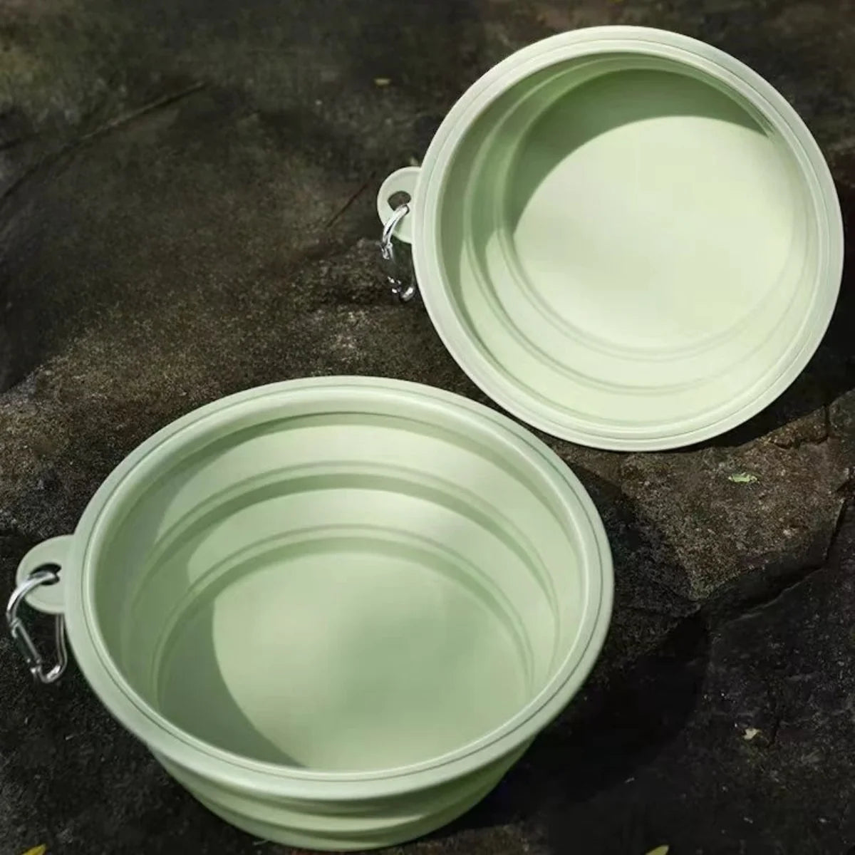 2pcs Collapsible Silicone Dog Food & Water Bowl Set with Carabiner Portable Travel Pet Feeder Dish Universal for Outdoor Camping