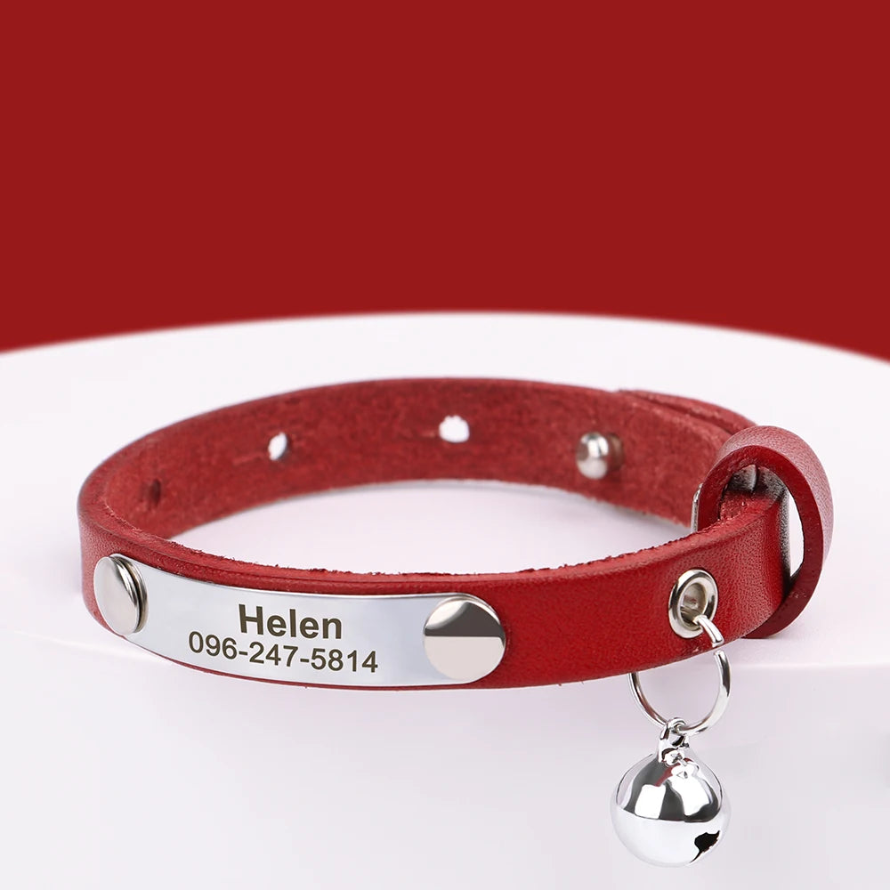 Cat Collar Adjustable Leather Pet Cats Collars Necklace Custom Puppy Kitten Name Collars Anti-lost Cat Accessories