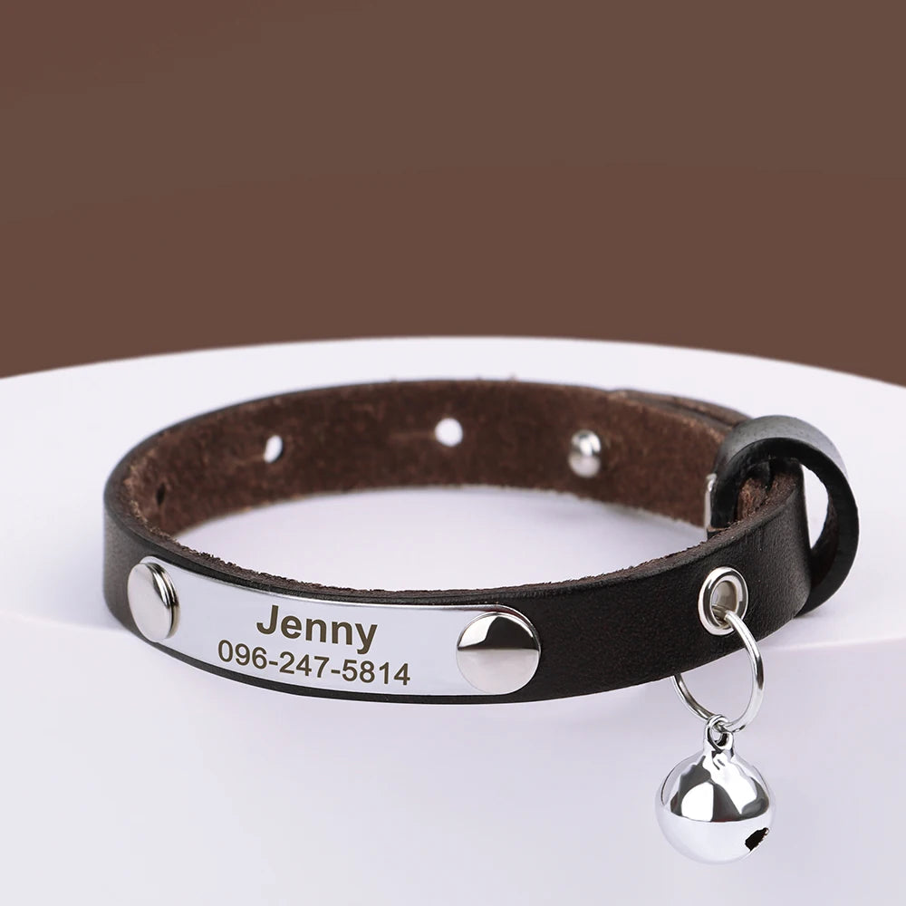 Cat Collar Adjustable Leather Pet Cats Collars Necklace Custom Puppy Kitten Name Collars Anti-lost Cat Accessories