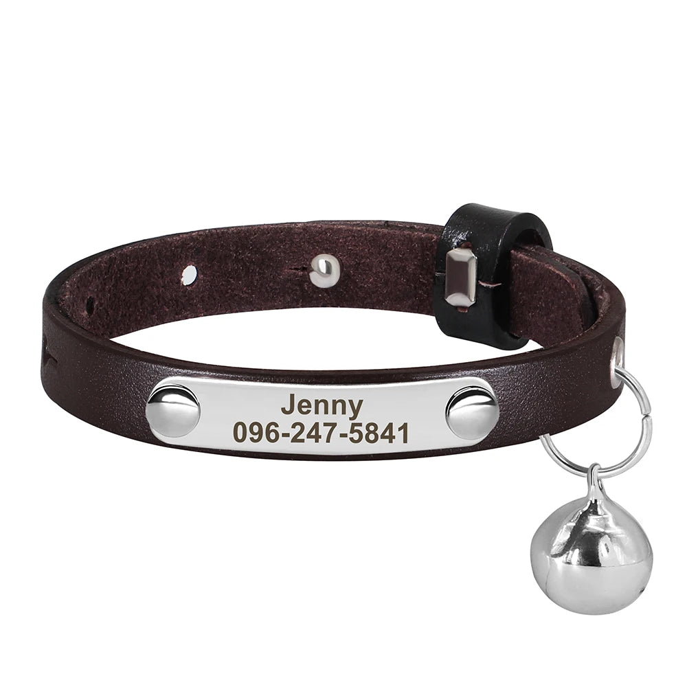 Cat Collar Adjustable Leather Pet Cats Collars Necklace Custom Puppy Kitten Name Collars Anti-lost Cat Accessories