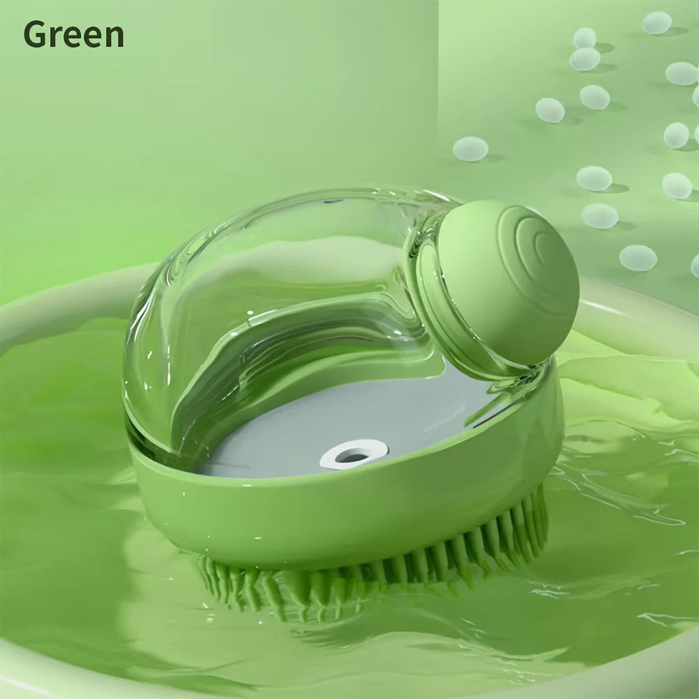 Deluxe Silicone Bristle Dog Bath Brush with Soap Dispenser - Gentle Massage Shampoo Brush