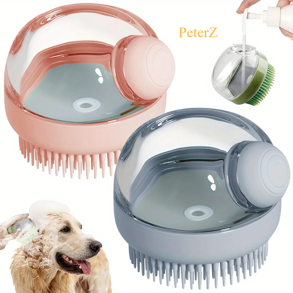 Deluxe Silicone Bristle Dog Bath Brush with Soap Dispenser - Gentle Massage Shampoo Brush