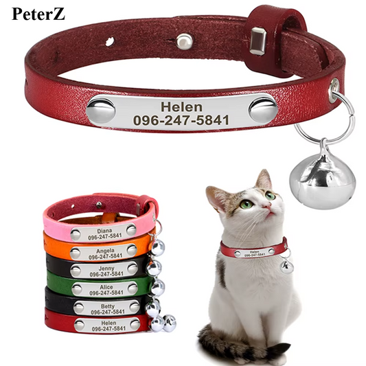 Cat Collar Adjustable Leather Pet Cats Collars Necklace Custom Puppy Kitten Name Collars Anti-lost Cat Accessories