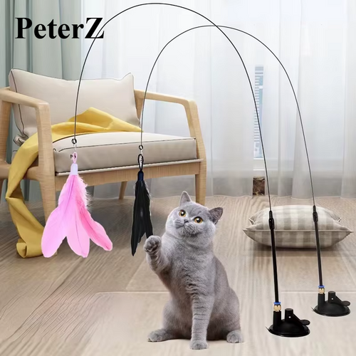 Cats Toys Feathers Wand Interactive Toy Kitten Toys with Super Suction Cup Detachable Feather Replacements Cat Accessories