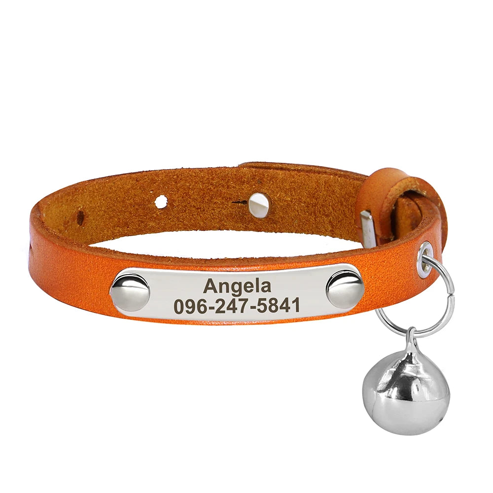Cat Collar Adjustable Leather Pet Cats Collars Necklace Custom Puppy Kitten Name Collars Anti-lost Cat Accessories