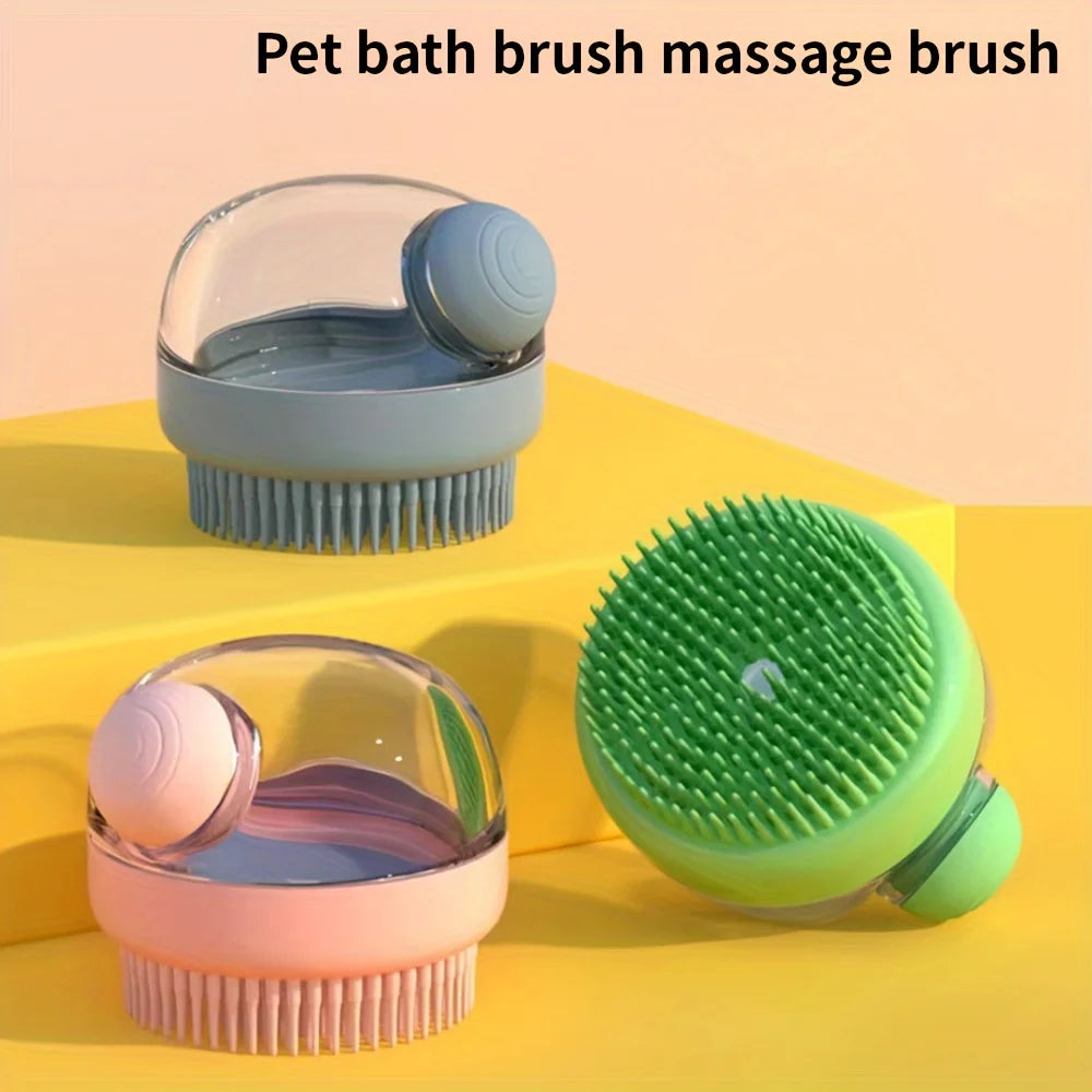 Deluxe Silicone Bristle Dog Bath Brush with Soap Dispenser - Gentle Massage Shampoo Brush