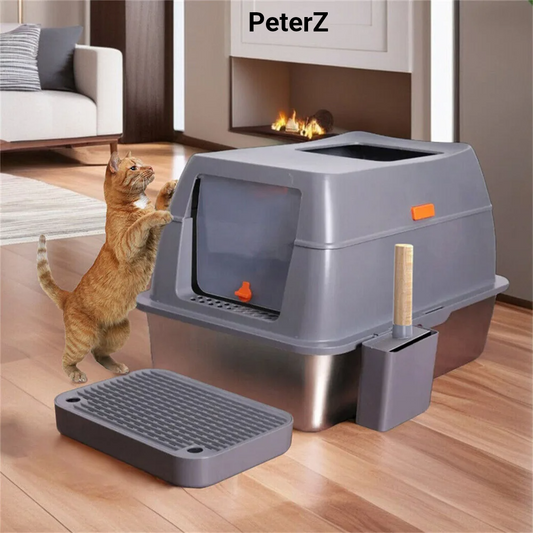 XXL Stainless Steel Cat Litter Box Enclosed Puppy Cat Litter Tray with Lid Large Litter Pan High Wall Side Easy Cleaning Toilet